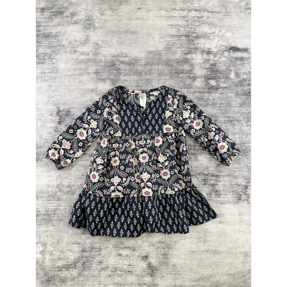 Carters Baby Girl 18M Navy Blue Floral Long Sleeve Ruffle Hem Cotton Dress